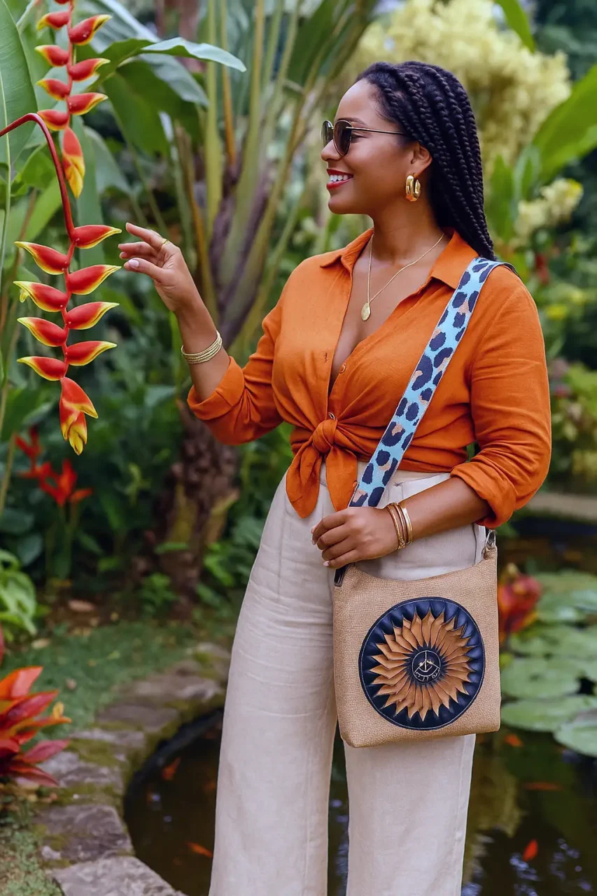 Une femme dans un jardin tropical avec le cabas KALÉÏDO, un sac à main de chez KerdeL
