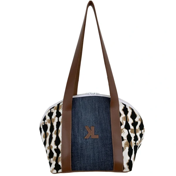 Sac à main artisanal KIMA WILD en denim, cuir caramel et imprimé fauve, fait main en Guadeloupe