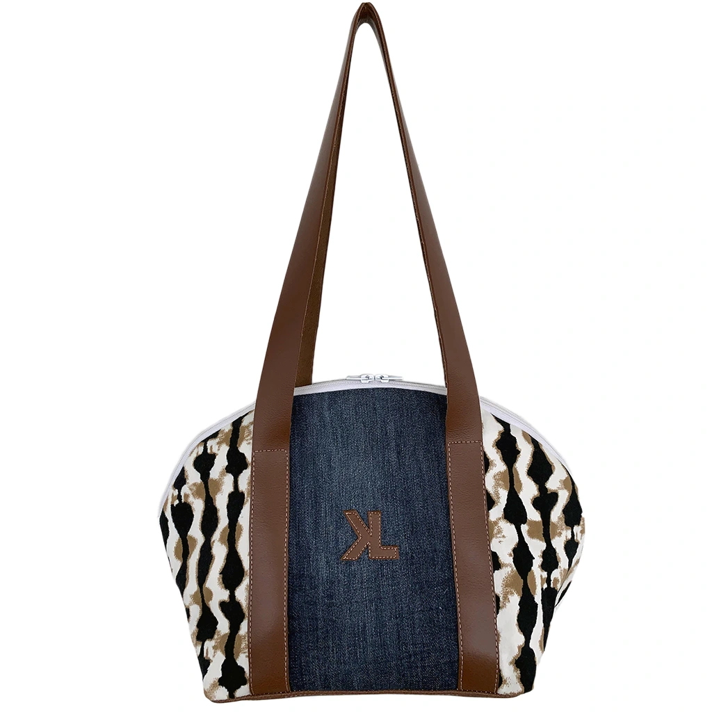 Sac à main artisanal KIMA WILD en denim, cuir caramel et imprimé fauve, fait main en Guadeloupe