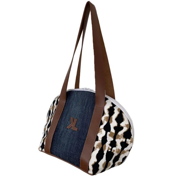 Sac à main artisanal KIMA WILD en denim, cuir caramel et imprimé fauve, fait main en Guadeloupe
