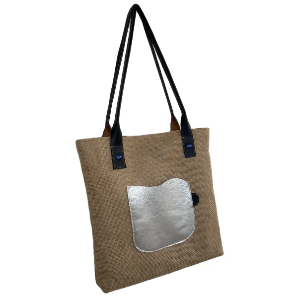Sac à main artisanal KLARA BLUE en jute, simili noir et tissu bleu nuit à motif feuillage, vu de face