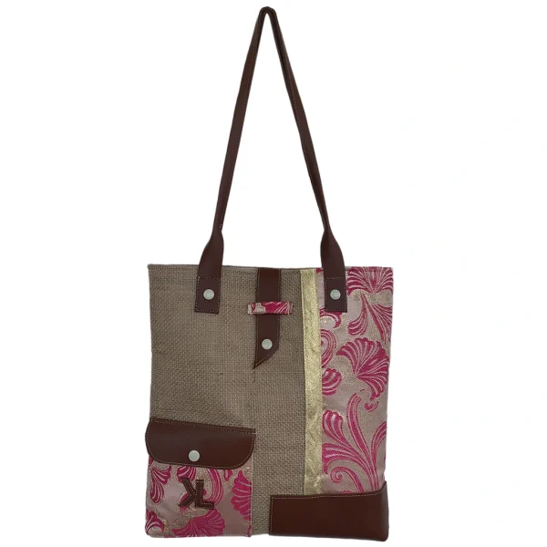 Sac à main artisanal KLARA en jute et tissu fleuri rose, anses en simili cuir