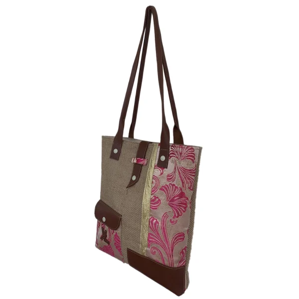 Sac à main artisanal KLARA en jute et tissu fleuri rose, anses en simili cuir