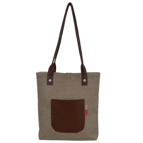 Sac à main artisanal KLARA en jute et tissu fleuri rose, anses en simili cuir